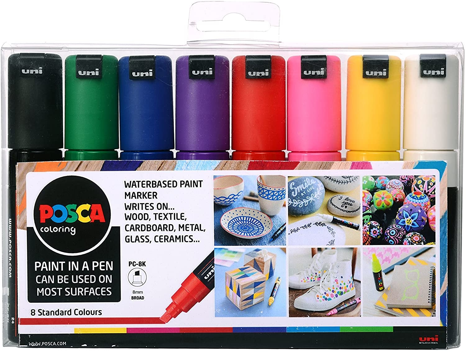 Uni Posca Paint Markers - White, Set of 8, Assorted Tips