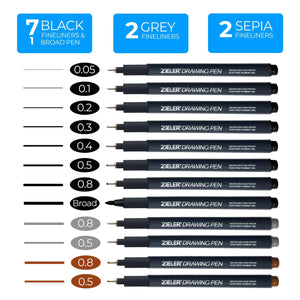 Zieler 12 Fineliner & A4 Spiral Sketchbook Drawing Pens Starter Set 