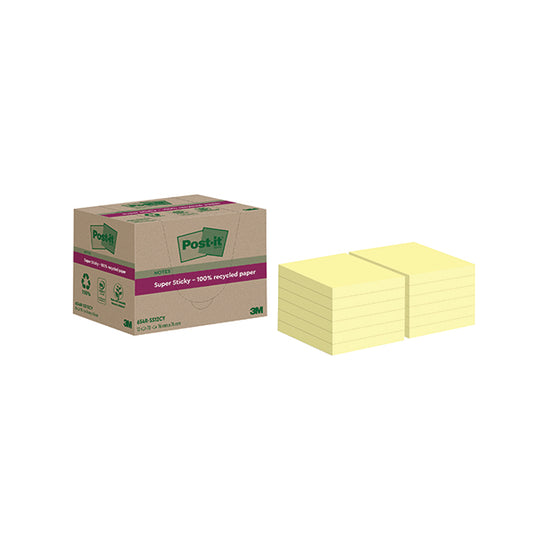 Post-it Super Sticky Recycled 76x76mm Yellow (Pack of 12) 654 RSS12CY