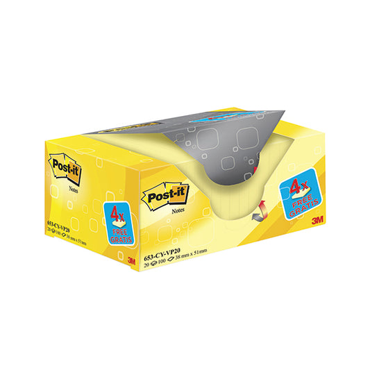 Post-it Notes 38x51mm Canary Yellow (Pack of 20) 653CY-VP20