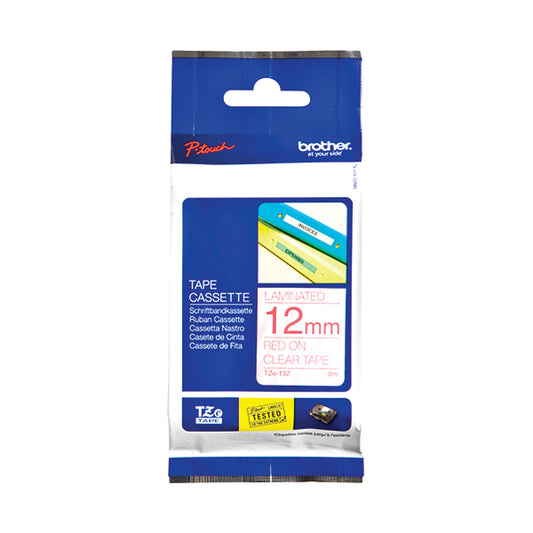 Brother P-Touch 12mm Red On Clear Labelling Tape TZE132