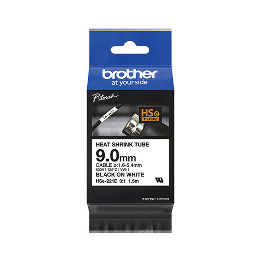 Brother HSe-221E 9.0mm Black on White Heat Shrink Tube Tape HSE221E