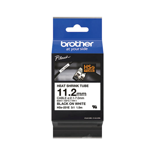 Brother HSe-231E 11.2mm Black on White Heat Shrink Tube Tape HSE231E