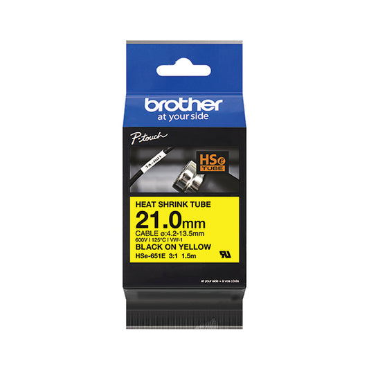 Brother HSe-651E 21.0mm Black on Yellow Heat Shrink Tube Tape HSE651E