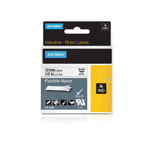 Dymo 18488 Rhino Nylon Tape 12mm x 3.5m Black on White S0718100