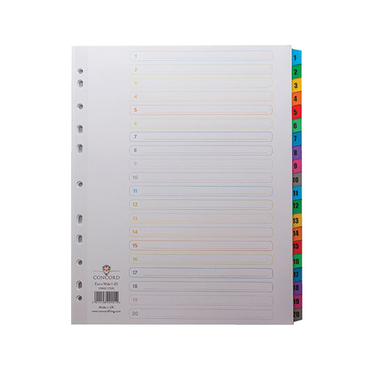 Concord Index 1-20 A4 Extra Wide Multicoloured Mylar Tabs 09901/CS99