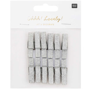 PEG CLIPS LARGE WOOD - SILVER GLITTER (12 PCS)