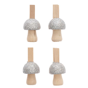 CLIPS MUSHROOM WOOD - SILVER GLITTER (4 PCS)