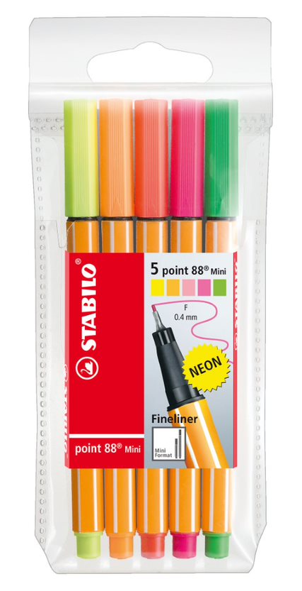 Fineliner - STABILO point 88 Mini - Wallet of 5 - Assorted Neon Colours