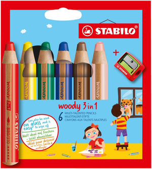 Multi-talented Pencil STABILO woody 3-in-1 - Wallet of 6 - Assorted Colours + Sharpener